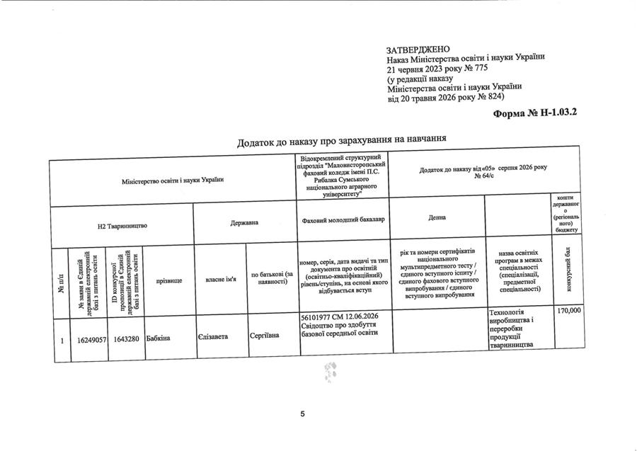 Наказ про зарахування на навчання № 64/с від 05.08.2026 р.